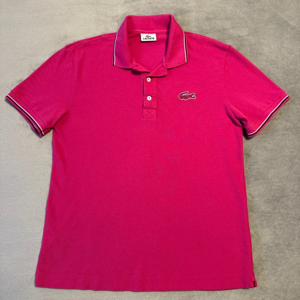 Lacoste Polo Shirt Mens Size 4 Fuchsia Short Sleeve Big Pink Crocodile Logo